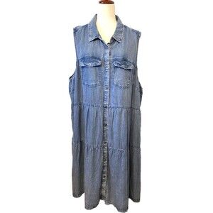 VELVET HEART Denim Tiered Midi Dress Women's 3X Button Sleeveless Pockets Tencel